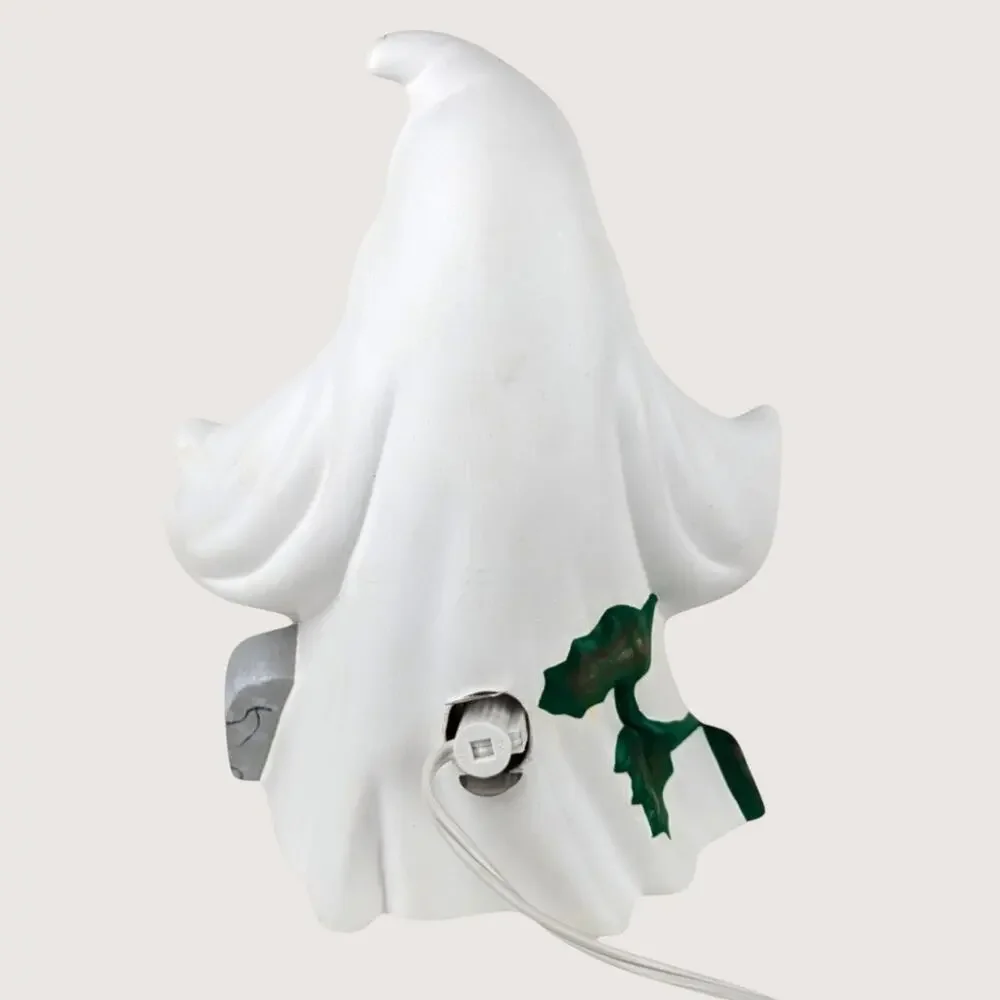 Vintage Light Up Ceramic Ghost Holding Boo Pumpkins Halloween Figurine